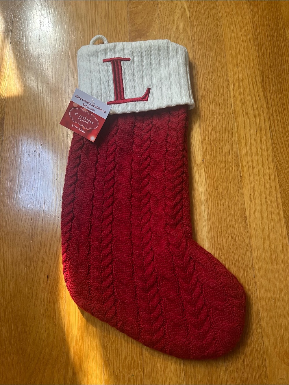 New with Tag Monogram 'L' Red Cable-Knit Holiday Stocking with White Cuff